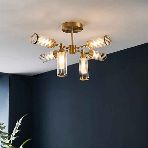 Reno 6 Light Ribbed Glass Semi Flush Light In Satin Brass