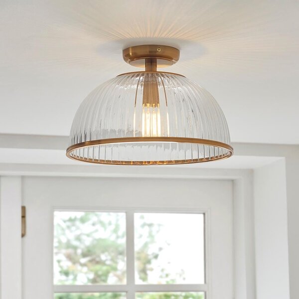 Salem Ribbed Glass Uplighter Flush Ceiling Light In Vintage Brass