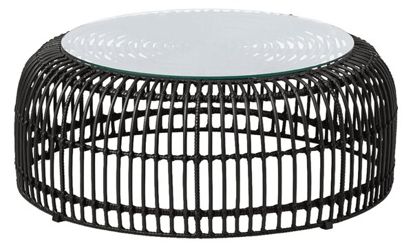 Ponoka Glass Top Outdoor Coffee Table With Rattan Base In Black