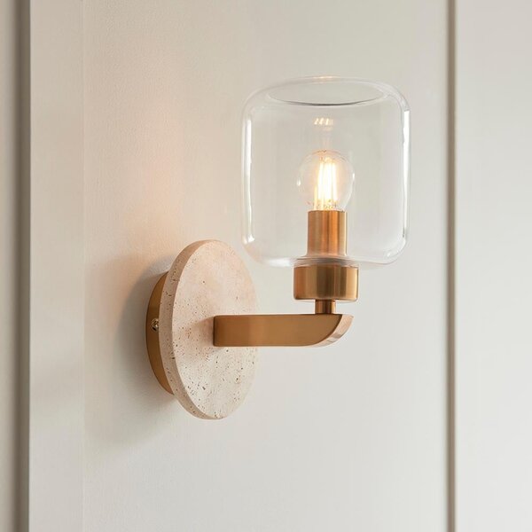 Tarrytown Clear Glass Wall Light In Natural Travertine Stone