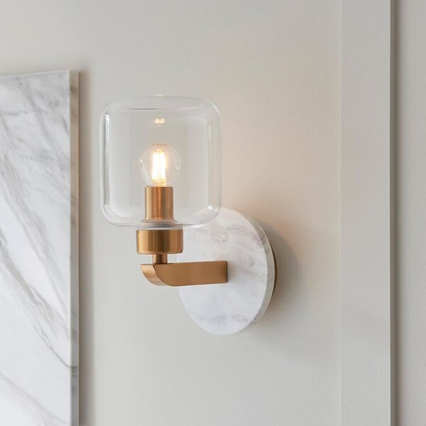 Tarrytown Clear Glass Wall Light In White Volaskas Marble