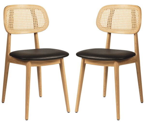 Romney Natural Rattan Side Chairs With Black Leather Seat In Pair