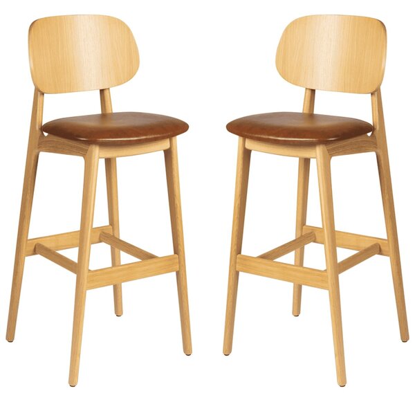 Romney Natural Wooden Bar Stools With Tan Leather Seat In Pair