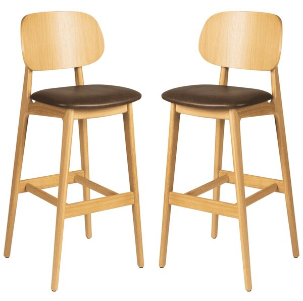 Romney Natural Wooden Bar Stools With Brown Leather Seat In Pair