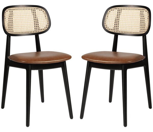 Romney Black Rattan Side Chairs With Tan Leather Seat In Pair