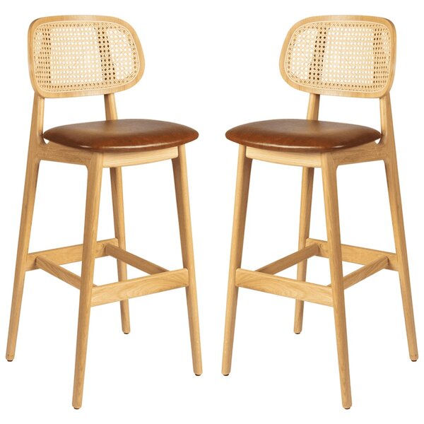 Romney Natural Rattan Bar Stools With Tan Leather Seat In Pair