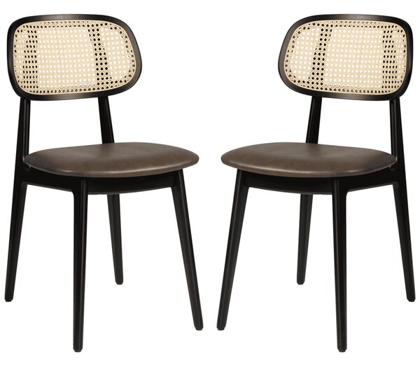 Romney Black Rattan Side Chairs With Brown Leather Seat In Pair
