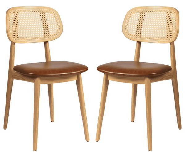 Romney Natural Rattan Side Chairs With Tan Leather Seat In Pair