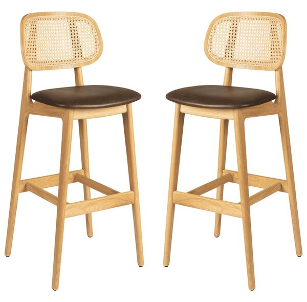Romney Natural Rattan Bar Stools With Brown Leather Seat In Pair