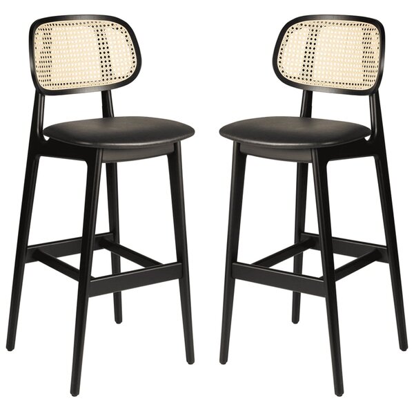 Romney Black Rattan Bar Stools With Leather Seat In Pair