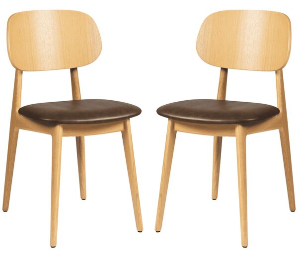 Romney Natural Wooden Side Chairs With Brown Leather Seat In Pair