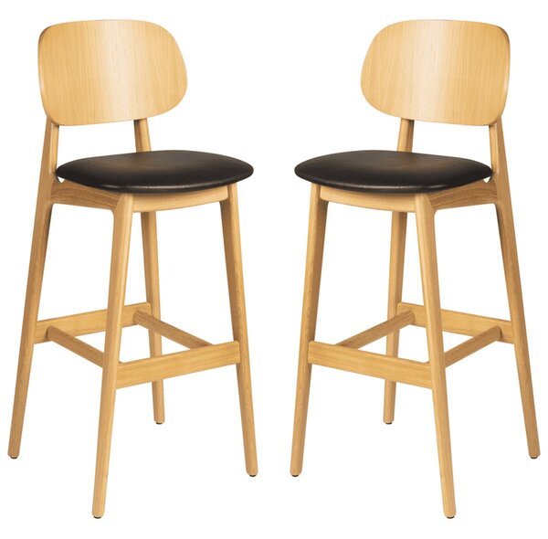 Romney Natural Wooden Bar Stools With Black Leather Seat In Pair