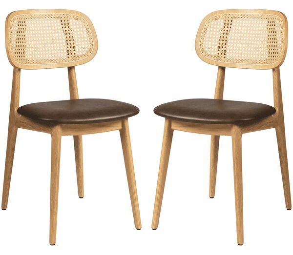 Romney Natural Rattan Side Chairs With Brown Leather Seat In Pair