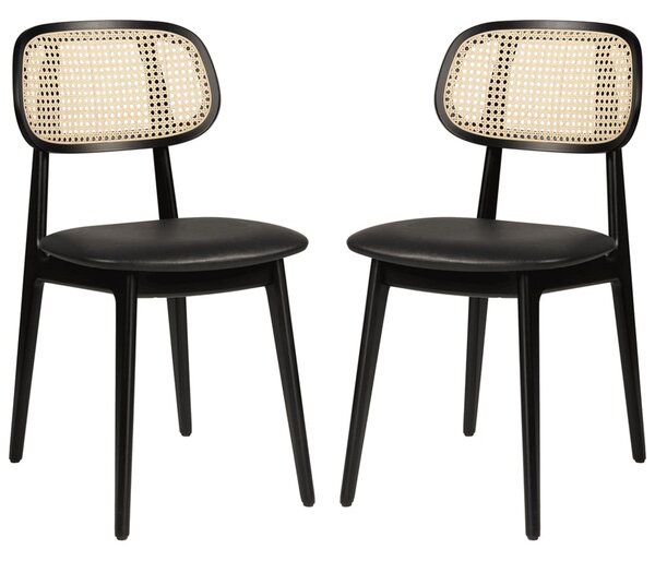 Romney Black Rattan Side Chairs With Leather Seat In Pair