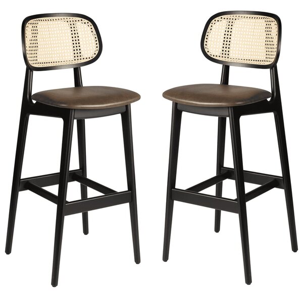 Romney Black Rattan Bar Stools With Brown Leather Seat In Pair