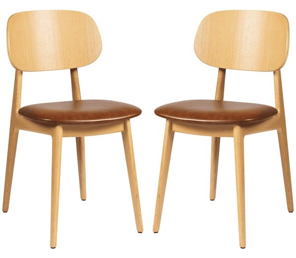 Romney Natural Wooden Side Chairs With Tan Leather Seat In Pair