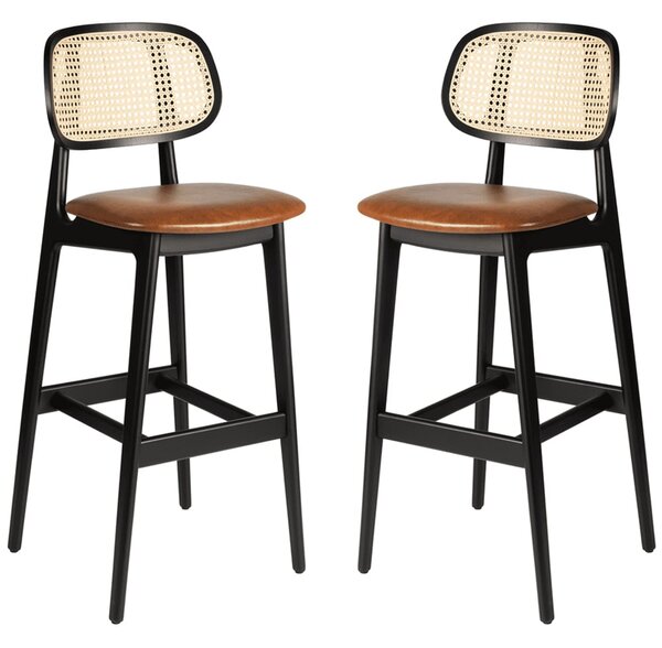 Romney Black Rattan Bar Stools With Tan Leather Seat In Pair