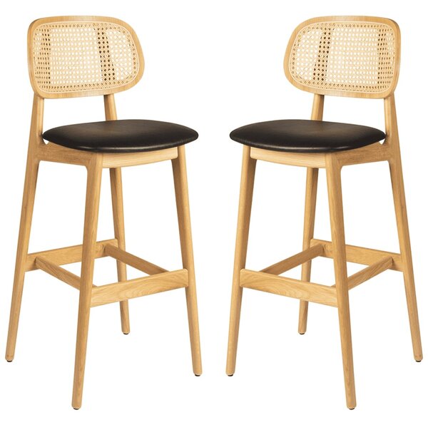 Romney Natural Rattan Bar Stools With Black Leather Seat In Pair