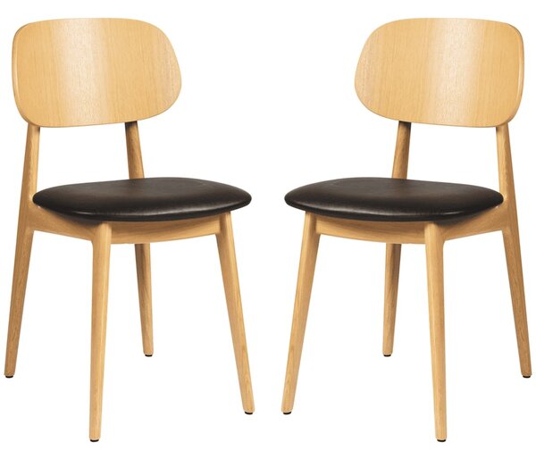 Romney Natural Wooden Side Chairs With Black Leather Seat In Pair