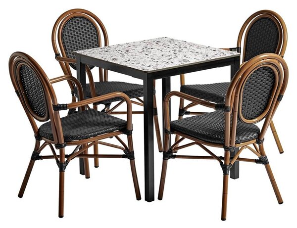 Extro Mixed Terrazzo Wooden Dining Table With 4 Toller Black Chairs