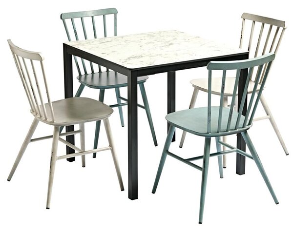 Extro Carrara Marble Top Dining Table With 4 Selden White Blue Chairs