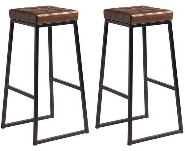 Steeple Brown Faux Leather Stools With Black Metal Frame In Pair
