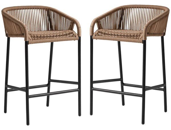 Rialto Natural Rattan Bar Stools With Black Metal Frame In Pair
