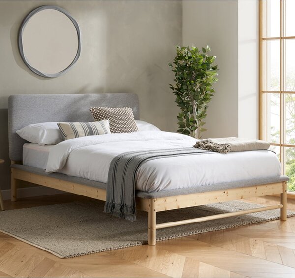 Enumclaw Fabric Double Bed With Wooden Frame In Grey And Oak