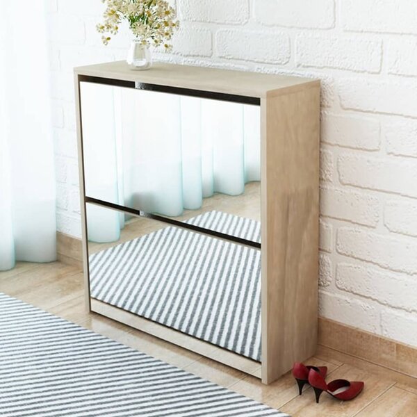Ozark Mirrored Shoe Storage Cabinet With 2 Flip Doors In Oak