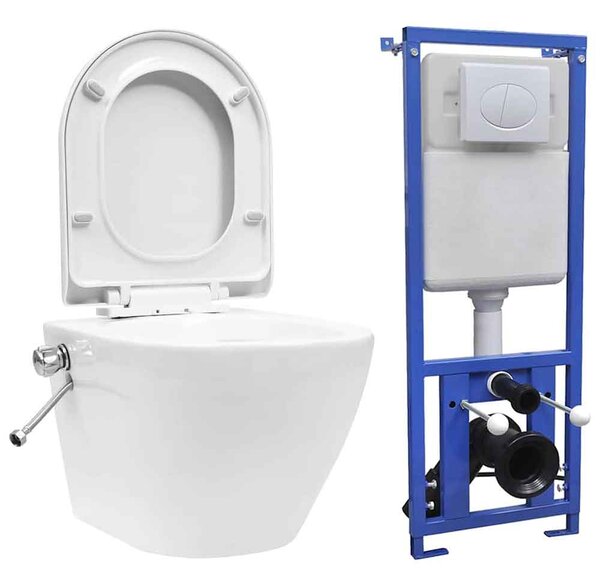 Adel White Rimless Wall Hung Toilet Pack With Bidet Function - Soft Close Seat