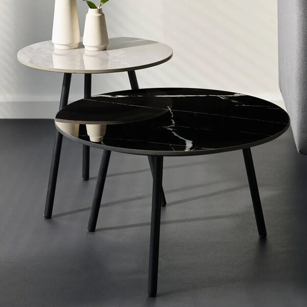 Cicero Sintered Stone Marble Effect Tops Nesting Side Tables - Black And White