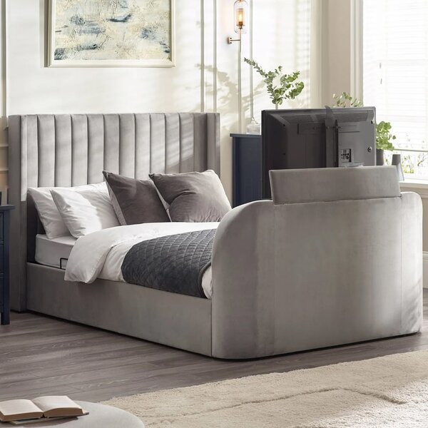 Celina Fabric Side Lift Ottoman Super King Size TV Bed - Light Grey