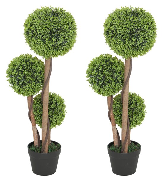HOMCOM Decorative Artificial Trees Boxwood Ball Topiary Trees Set of 2 in Pot, Fake Plants for Home Indoor Outdoor Decor