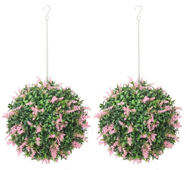 HOMCOM Set of 2 Artificial Plant Topiary Balls, UV-protected Fake Decorative Plants, Pink