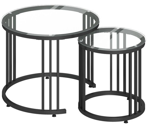 HOMCOM Round Coffee Tables Set of 2, Nesting Tables with Tempered Glass Top and Steel Frame, Black