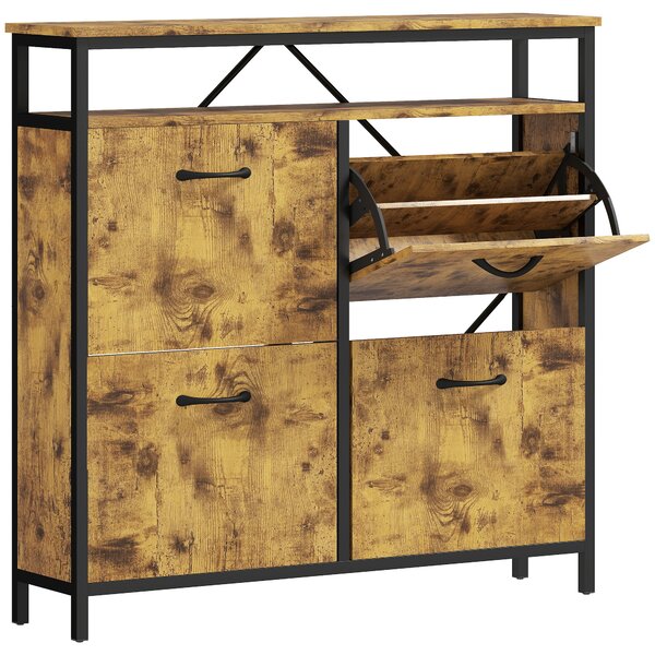 HOMCOM Shoe Storage Cabinet with 4 Flip Drawers and Open Shelf - Rustic Brown