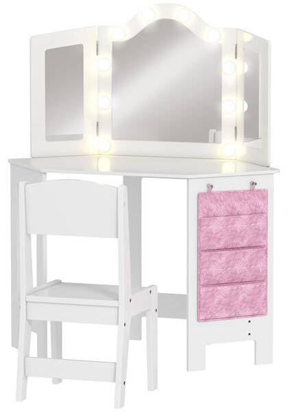 AIYAPLAY Kids Dressing Table and Stool Set, Girls Vanity Table with 2-Colour LED Lights, Tri-Folding Mirror, White
