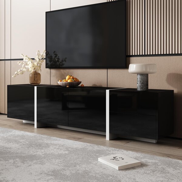 High-gloss Finish TV Cabinet with 3 Doors and 1 Drawer, Contrasting Base, TV Stand for Living Room, 170L x 29.5W x 40H cm, Black+White Aosom UK