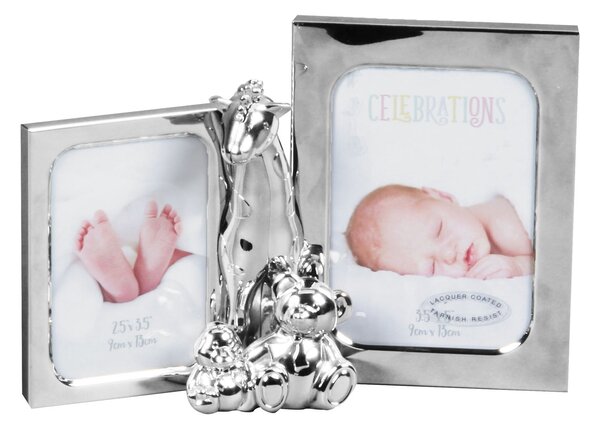 Bambino Giraffe & 2 Teddies Silver Plated Double Photo Frame Silver