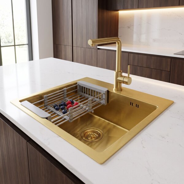 Steel sink with 3-piece accessory set REA Leo 40 Brush Gold