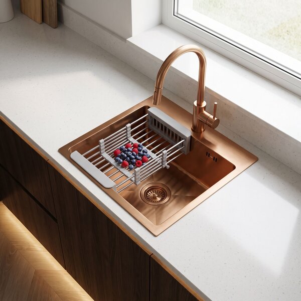 Steel sink with 3-piece accessory set REA Leo 40 Brush Copper