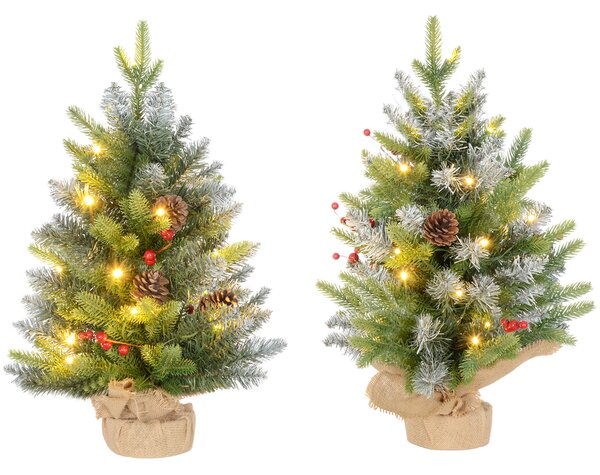 HOMCOM 2 Pieces 2ft Prelit Artificial Christmas Tree with LED Light and 141 Tips, Concrete Base, Tabletop Xmas Tree with Pine Cones and Red Berries, Green