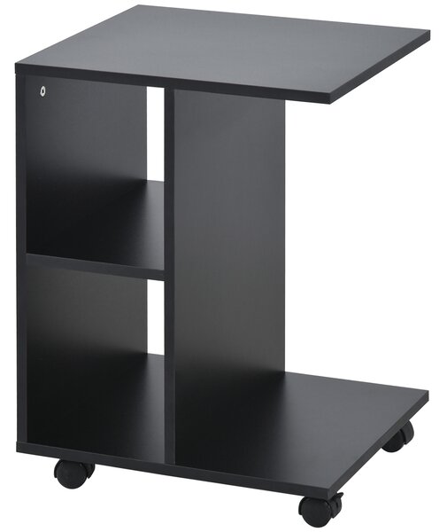 HOMCOM C-Shape End Table Unique Storage Unit w/ 2 Shelves 4 Wheels Freestanding Home Office Furniture Cabinet Square Studio Black Aosom UK