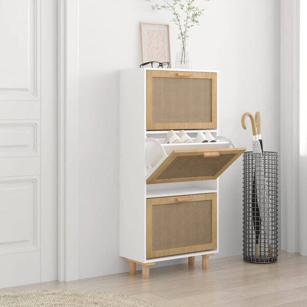 Shoe Cabinet White 52x25x115 cm Engineered Wood&Natural Rattan