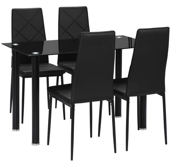 HOMCOM Dining Table and Chairs Set, 4 Seater Modern Dining Set with Glass Tabletop Foam Pads, and Steel Frame, Black Aosom UK