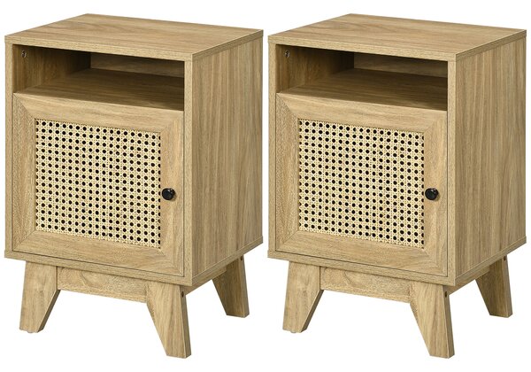 HOMCOM Bedside Table Set of 2, Side End Table with Rattan Element, Shelf and Cupboard, 39x35x60cm, Natural
