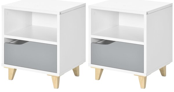 HOMCOM Bedside Table Set of 2, Modern Design, with Shelf and Drawer, Wood Legs, White and Grey