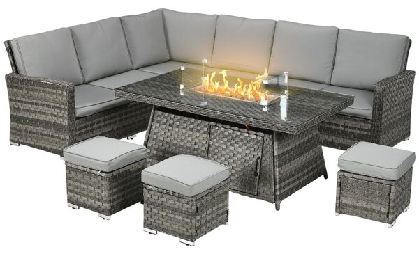 Outsunny 7 Pieces PE Rattan Garden Furniture Set, 50,000 BTU Gas Fire Pit Table, Double Corner Sofa and 3 Footstools, 6 Seater Furniture Sofa Sets with Cushions for Conservatory, Grey