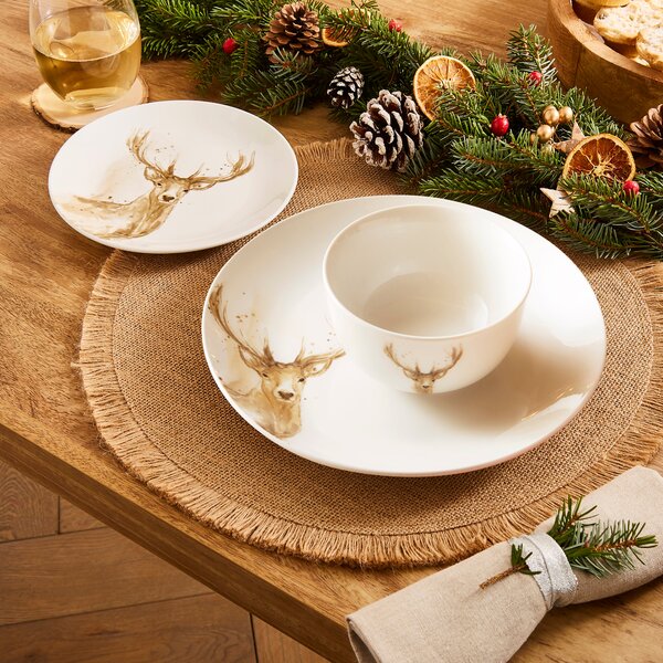 Dunelm Porcelain White 12 Piece Stag Dinner Set, 28.5cm X 18cm White