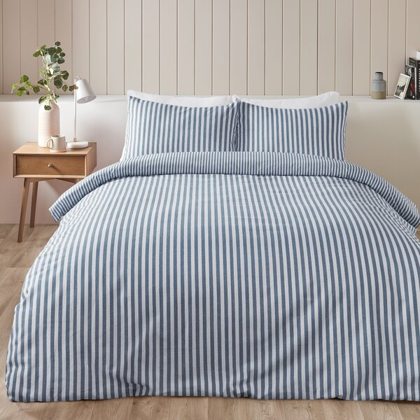 Catherine Lansfield Stripe 100% Brushed Cotton Duvet Cover and Pillowcase Set Blue